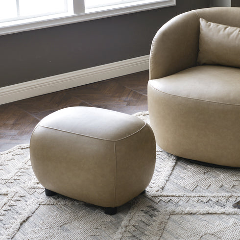 Elmer Faux Leather Ottoman – Round Khaki Ottoman | Decorative Ottoman | Kinwell Furniture | Modern Faux Leather Furniture